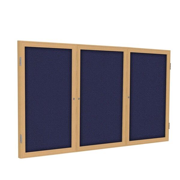 Enclosed Bulletin Board, 3 Door, Fabric, Oak Frame, 3 ft H x 6 ft W, Blue